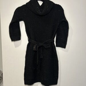Cherokee Girl Black (Gold Sparkle) Sweater Knit Dress Large 12/14 Cowl Neck Belt